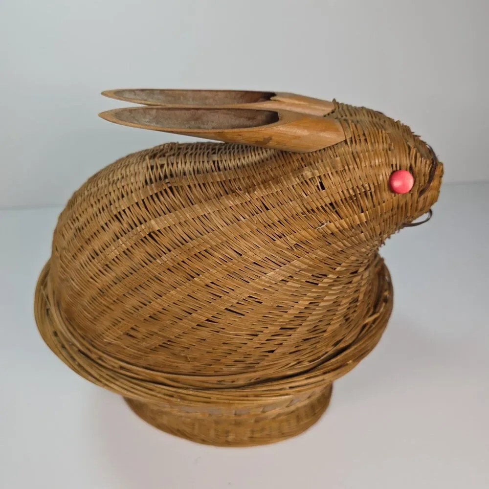 Paul Marshall Bunny Rabbit Woven Wicker Basket Lidded Red Button Eye Easter
